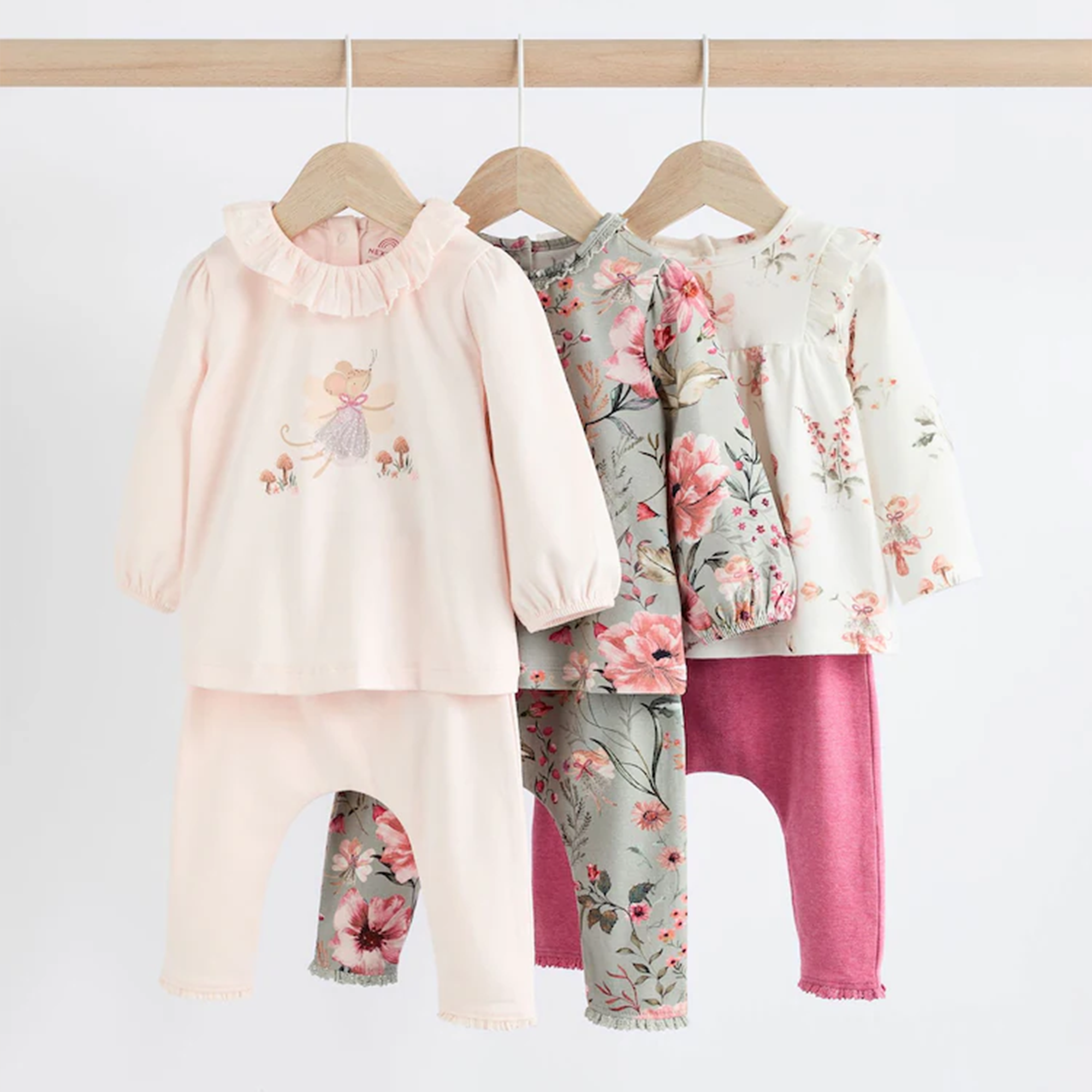 Pink/Green/White Floral Fairy Baby Long Sleeve Top And Leggings 6 Piece Set